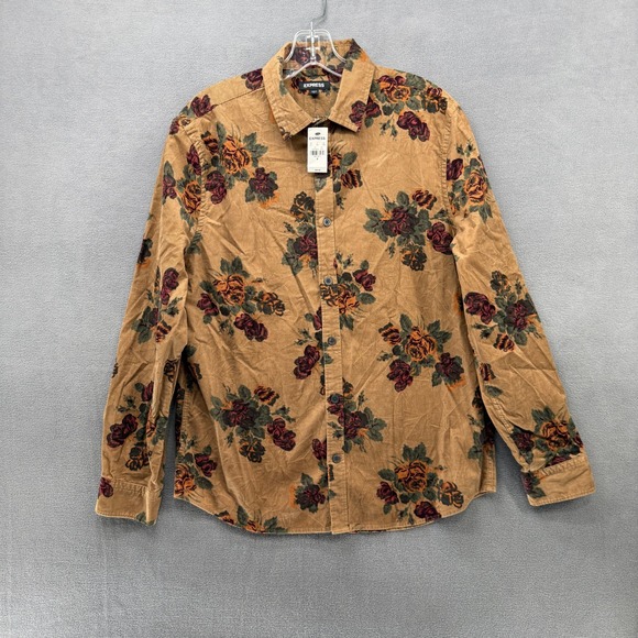 Express Tops - Express Button Down Shirt Womens Corduroy Floral Rose Tan Burgundy Green Medium